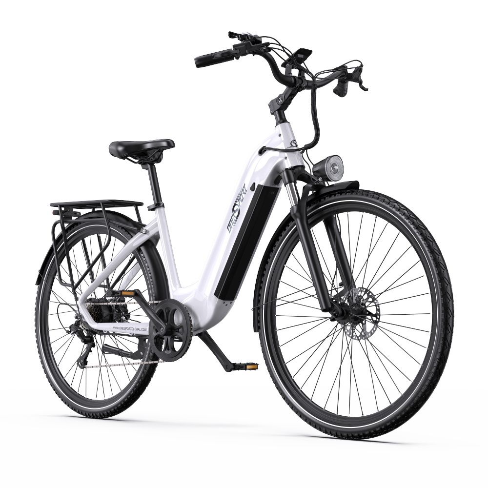 Vélo électrique blanc avec pneus et détails noirs. Porte-bagages, phare et guidon visibles. Logo Onesport.