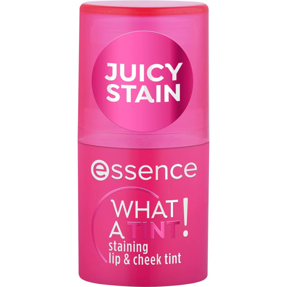Lip- & wangtint, roze. Productnaam en tekst "WHAT A TINT" zichtbaar. Deksel met opschrift "JUICY STAIN".