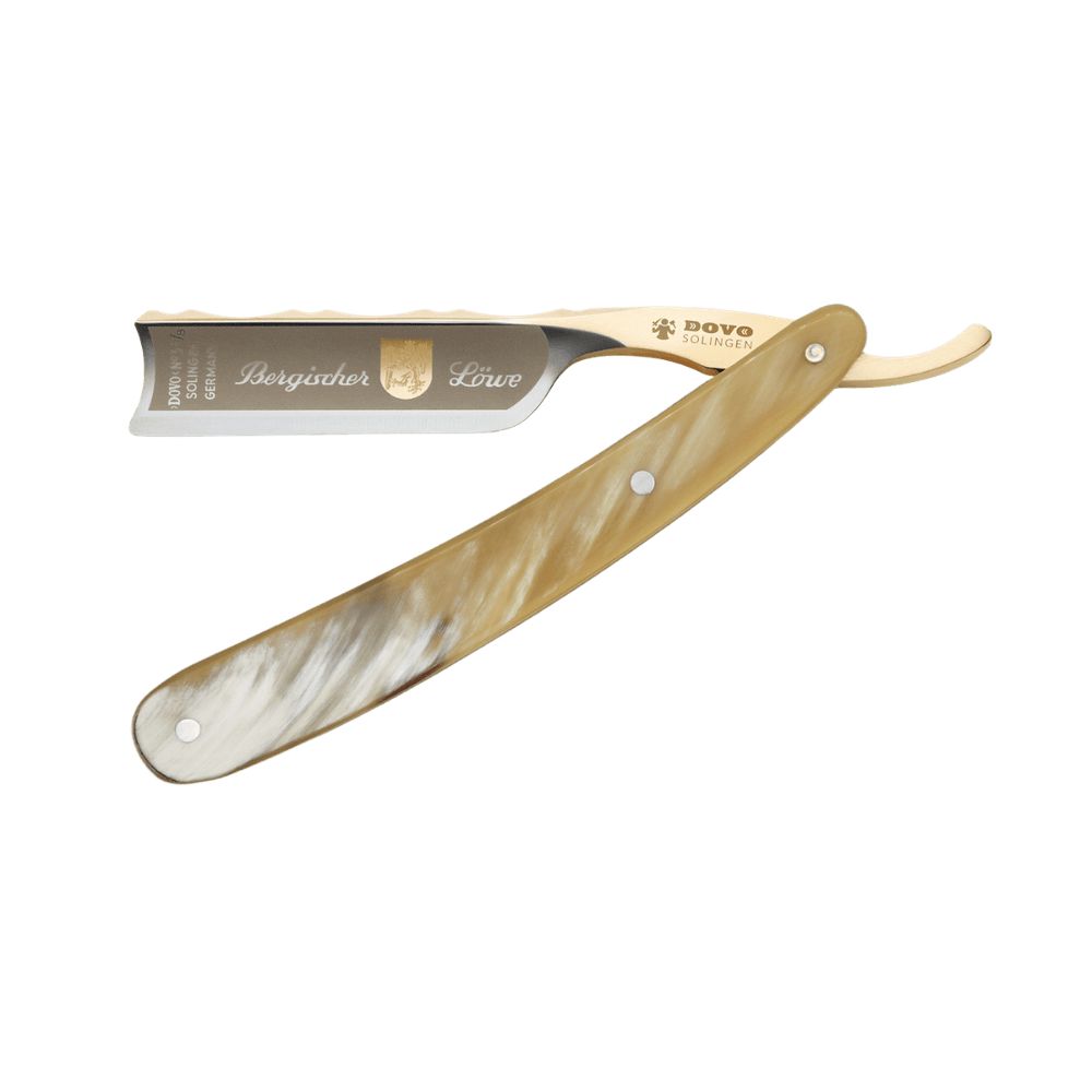 Scheermes met handvat. Lemmet met opschrift "Bergischer Löwe" en logo. Merk DOVO Solingen.