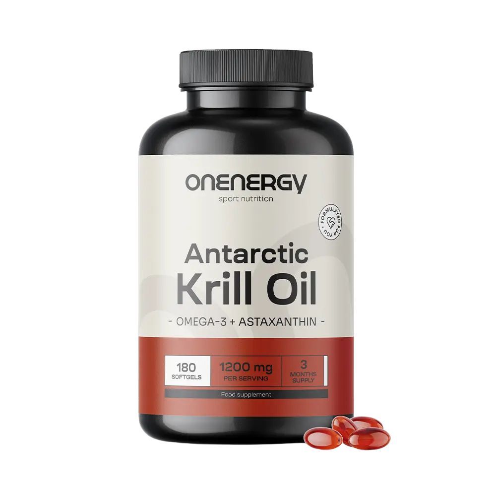 Flacon noir avec capsules. Inscription: OnEnergy, Antarctic Krill Oil, Omega-3 + Astaxanthine. 180 gélules, 1200 mg.