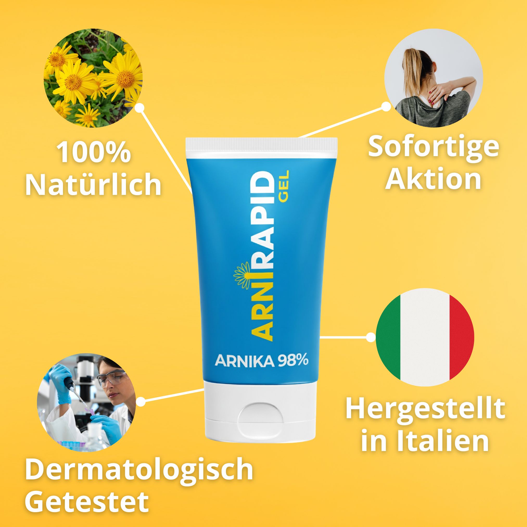Tube ARNIRAPID avec Arnica, 100% naturel, testé dermatologiquement, action immédiate, fabriqué en Italie.