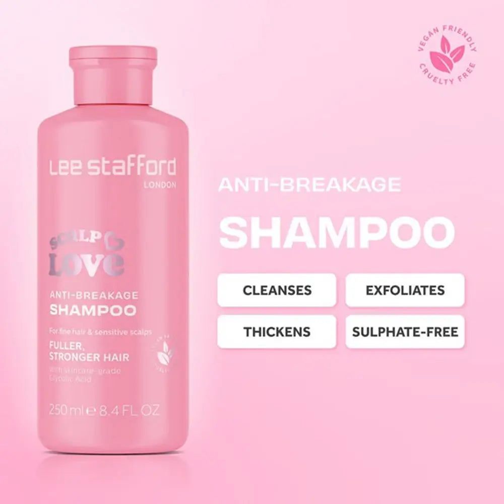Flacon de shampooing rose avec l'inscription : Lee Stafford Scalp Love Anti-Breakage Shampoo. Vegan et sans cruauté.