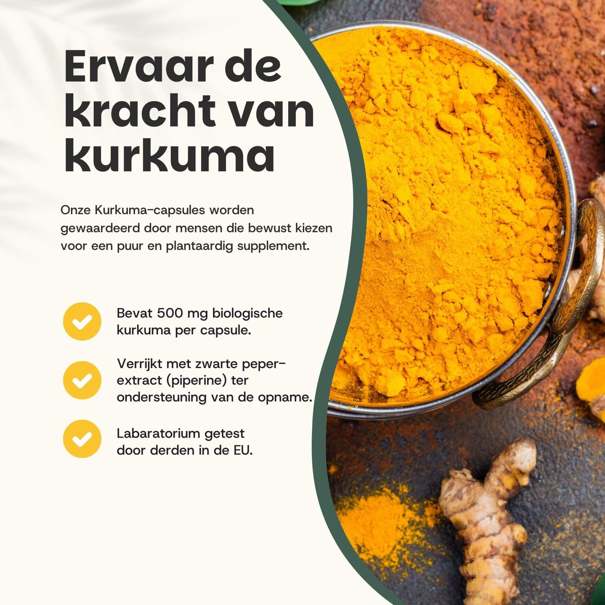 Geel kurkumapoeder in kom. Tekst: Bevat 500 mg biologische kurkuma per capsule. Getest in de EU.