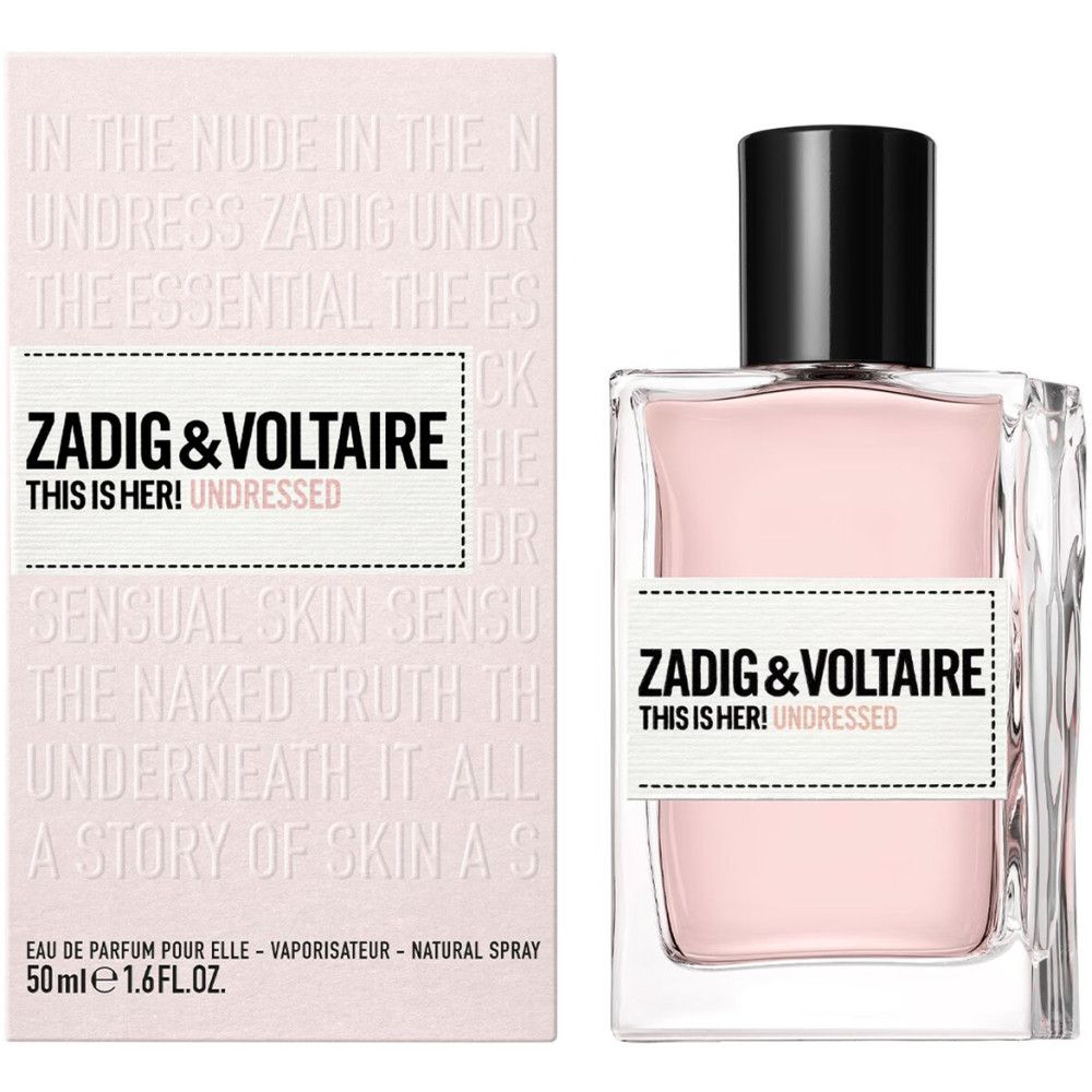 Zadig & Voltaire This Is Her! Undressed Eau de Parfum. Rechthoekige fles met roze vloeistof en zwarte dop. Verpakking ernaast.