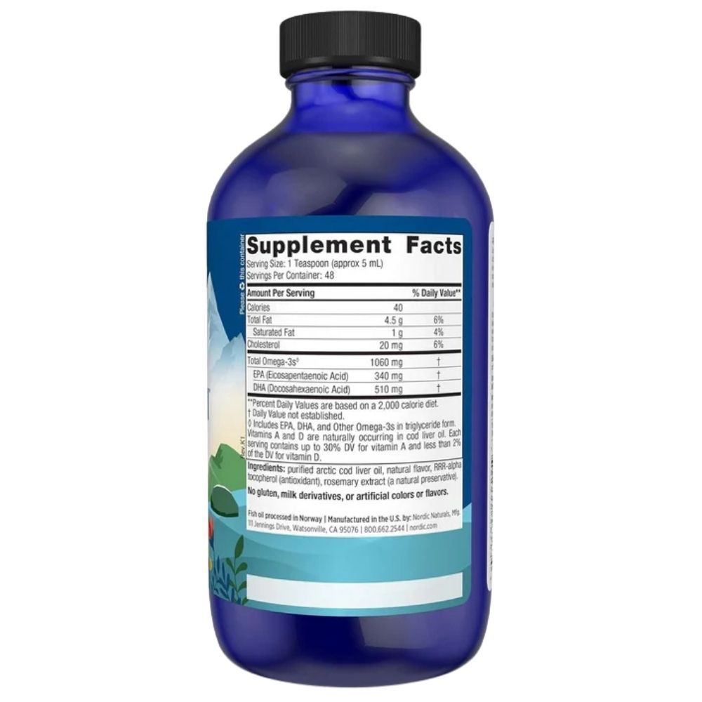 Arrière d'une bouteille bleue avec informations nutritionnelles sur l'huile de foie de morue. Contient 1060 mg d'oméga-3.