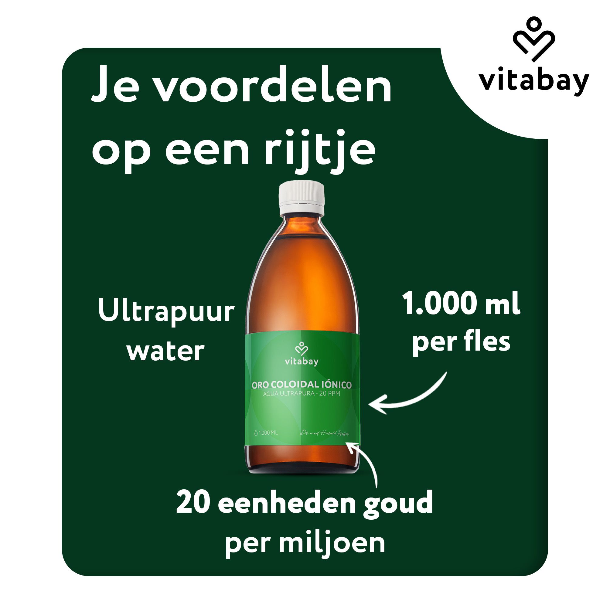 Fles Colloïdaal Goud 20 PPM met iconen: Geen toevoegingen, Gecontroleerd in Duitsland, Zonder GGO.