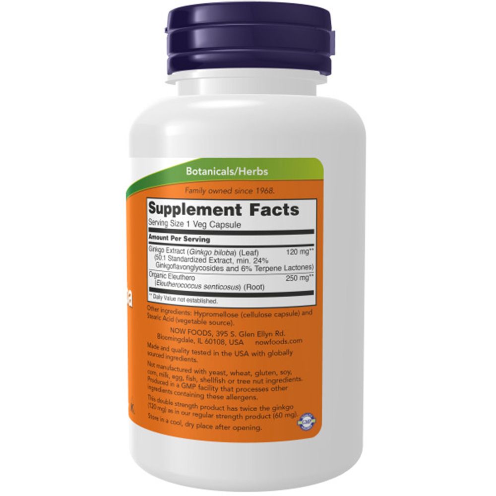 Witte fles met oranje etiket. Bevat capsules. Opschrift: Supplement Facts, Ginkgo Biloba, 120 mg. Blauwe dop.