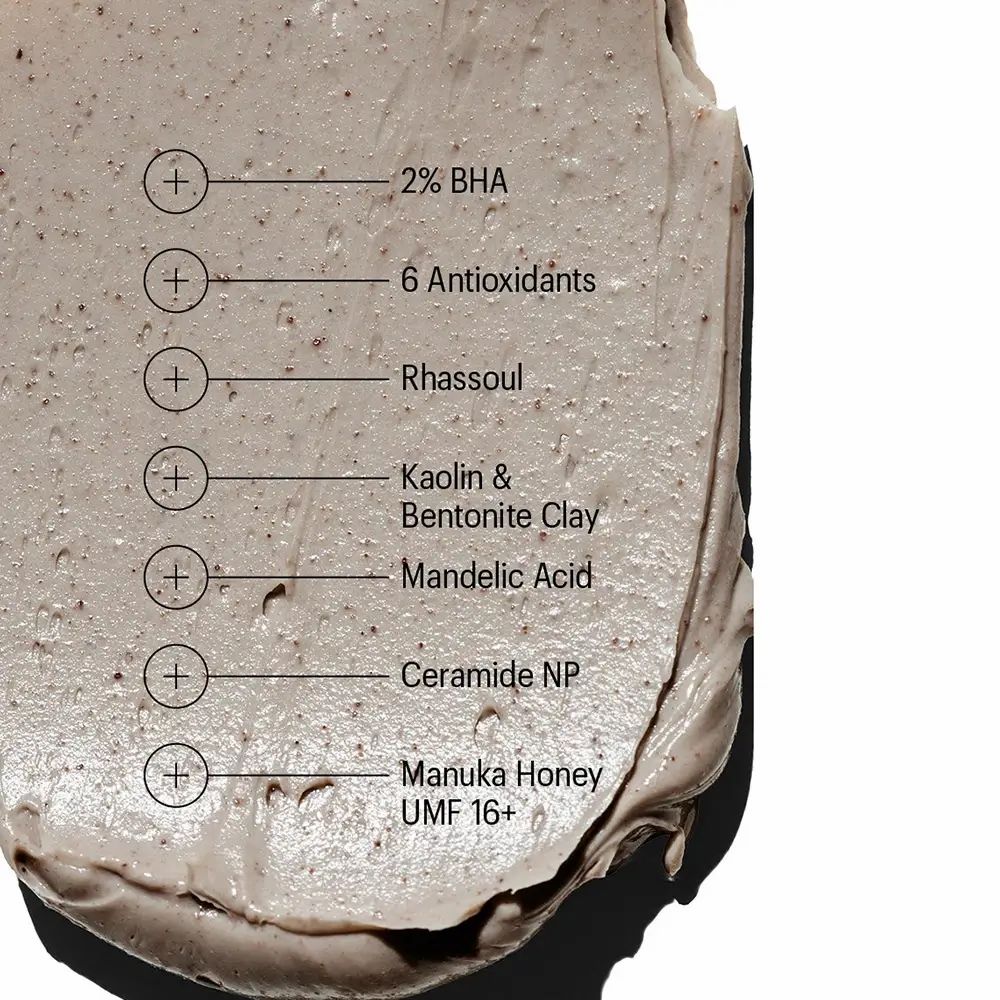 Close-up van een grijs masker. Opschrift: 2% BHA, 6 antioxidanten, Rhassoul, Kaolin & Bentoniet klei, Amandelzuur, Ceramide NP, Manuka Honing.