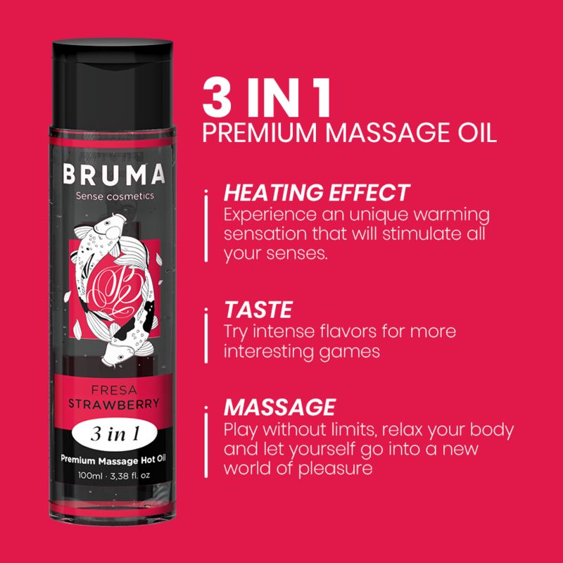 Bruma Premium massageolie fles met aardbeienprint en koivissen, tekst ernaast.