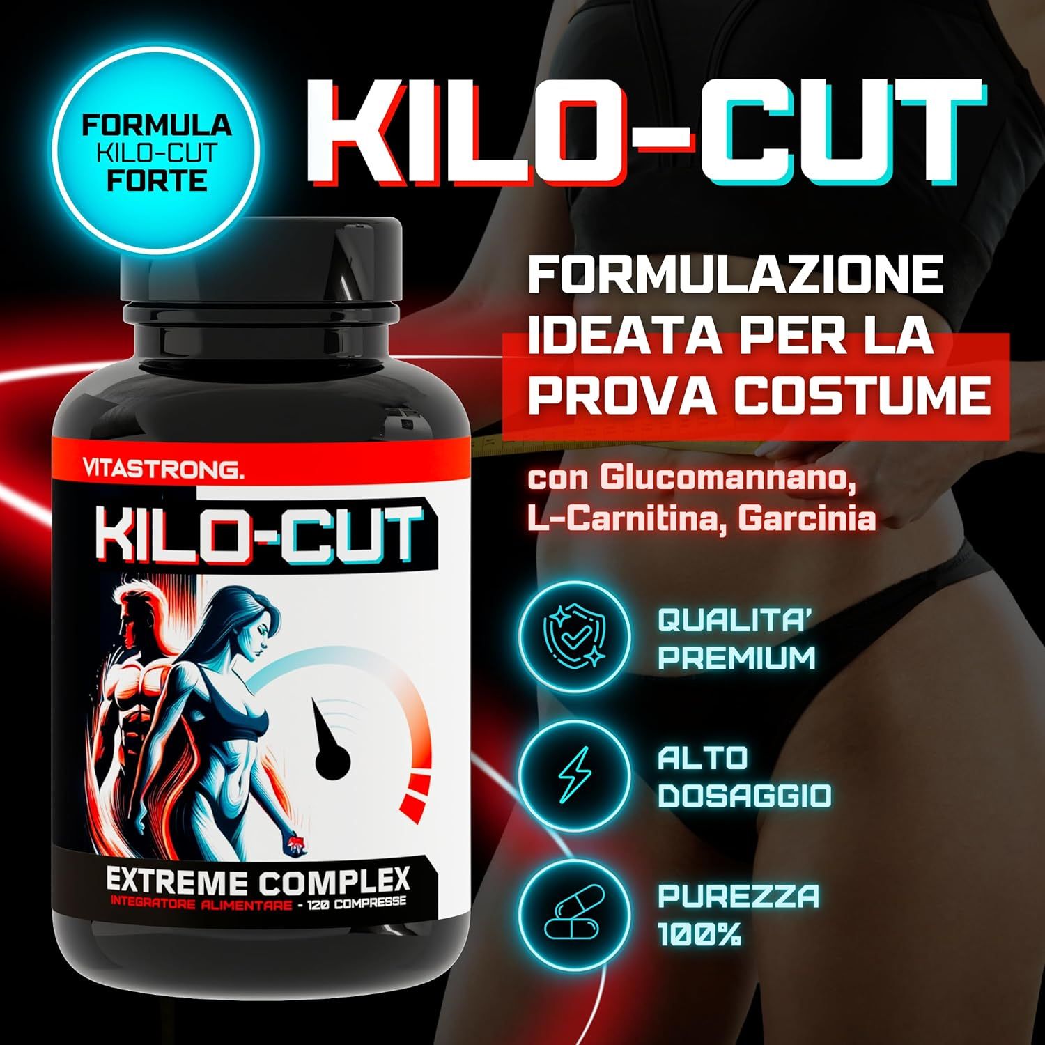 Ingrediënten: Garcinia Cambogia, Matcha, L-Carnitine, Choline. Rode achtergrond. Vrouw met getraind lichaam.