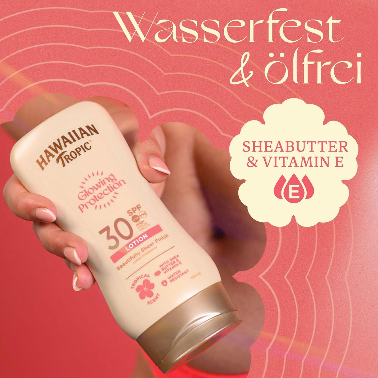 Lotion solaire SPF 30. Marque: Hawaiian Tropic. Inscription: Glowing Protection, Lotion. Texte: Beurre de karité & Vitamine E.