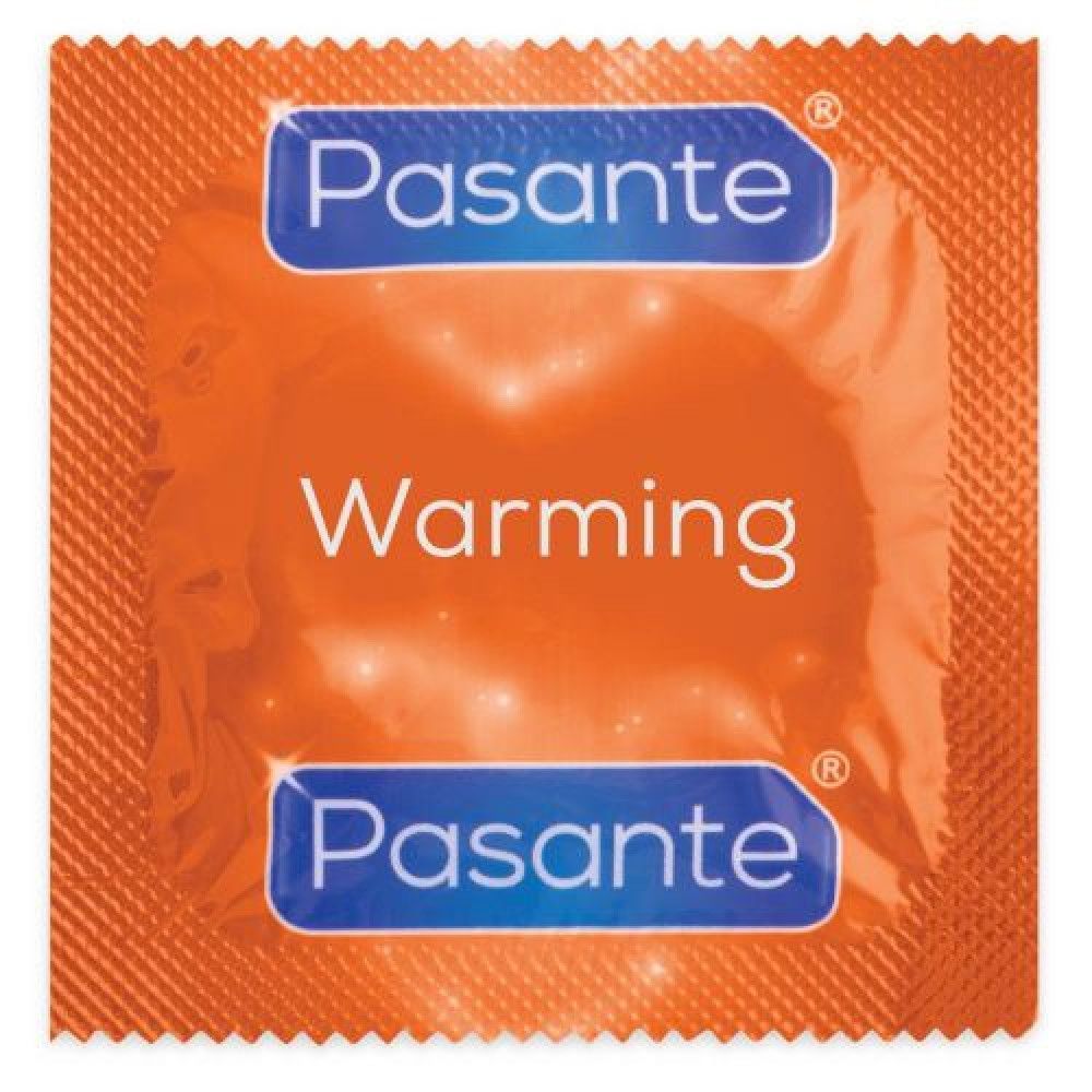 Individuele condoomverpakking, oranje. Opschrift: Pasante, Warming.