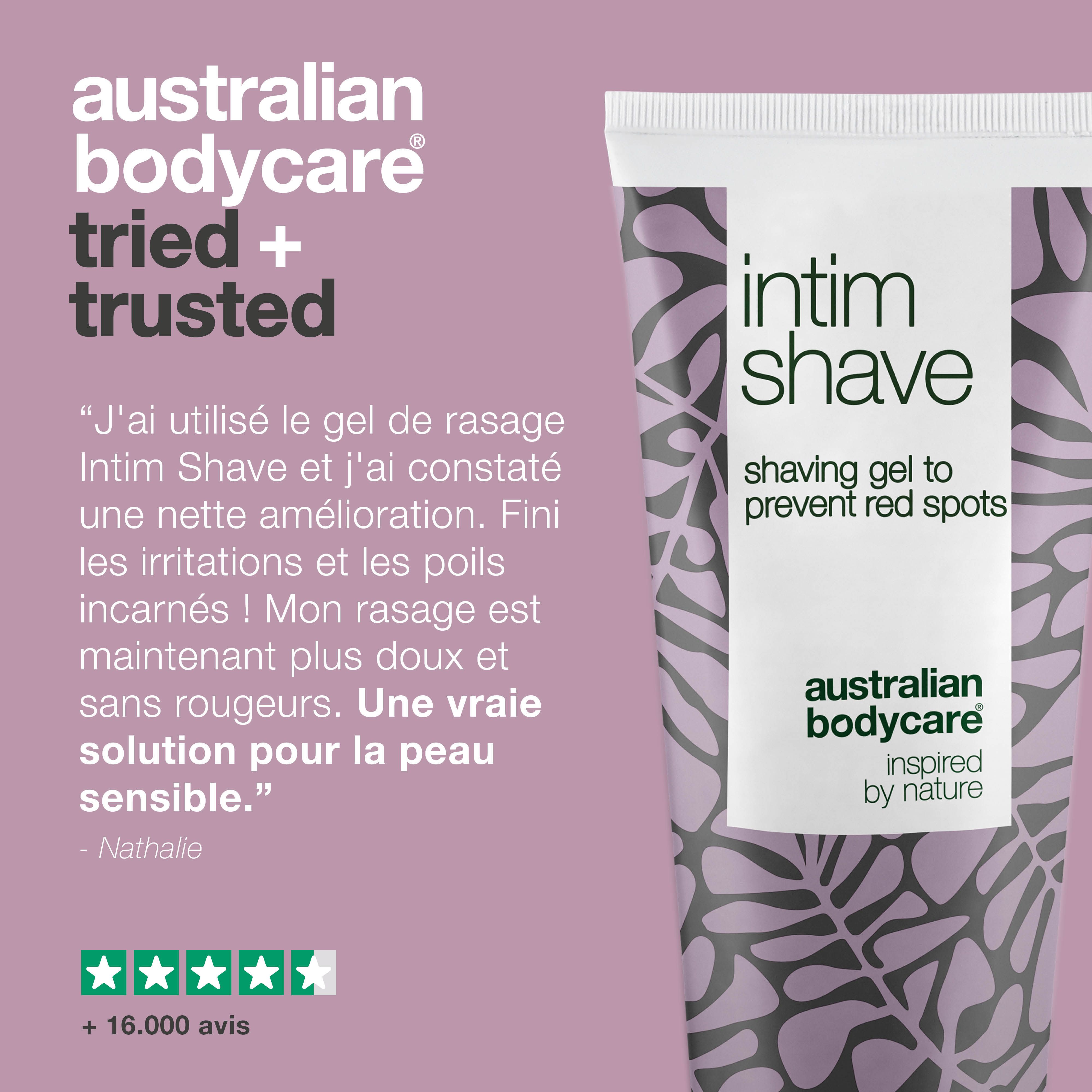 Gel à raser Intim Shave, texte: Australian Bodycare, témoignage. Évaluation par étoiles. Tache rose.