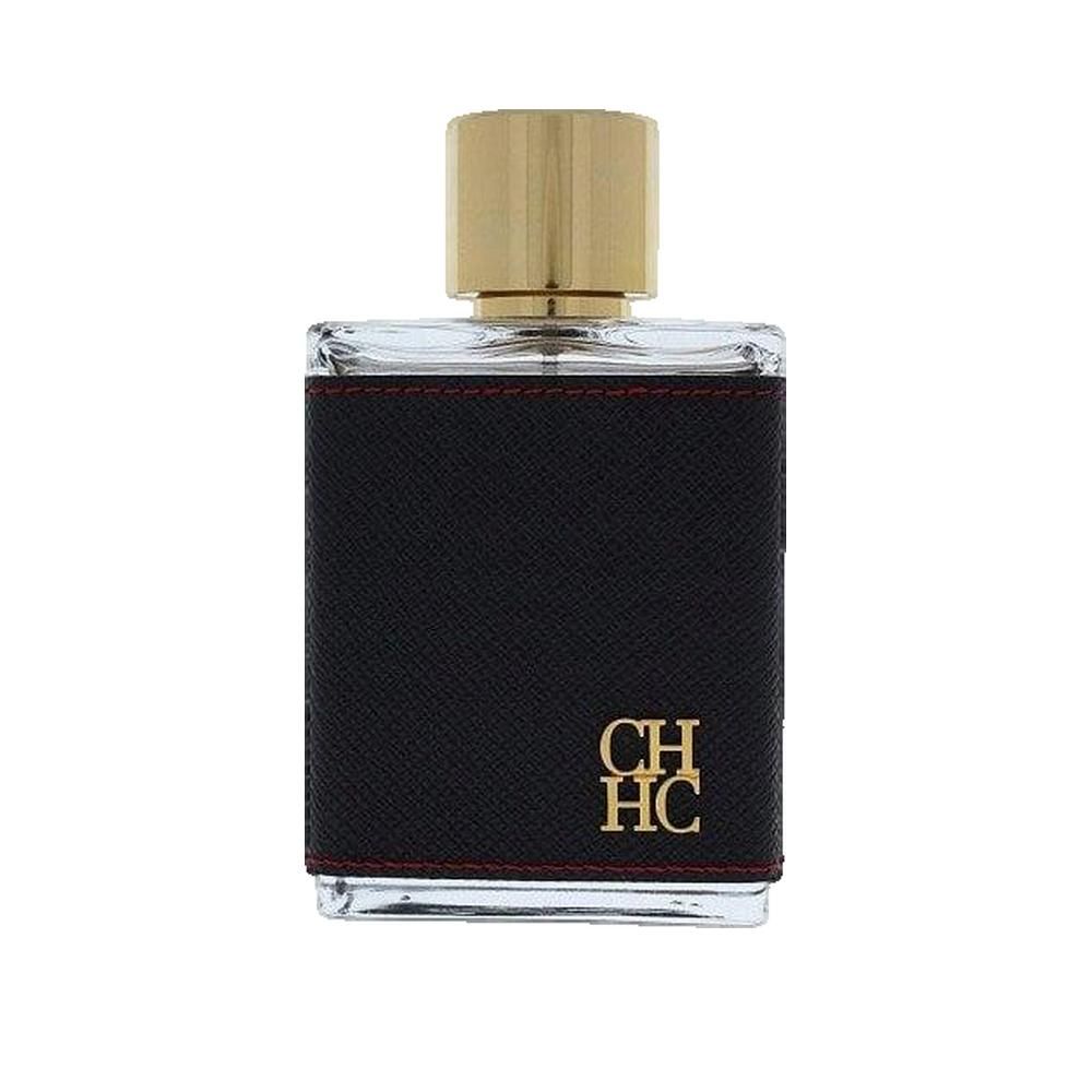 Rechthoekige flacon met zwarte lederen bekleding en gouden dop. Gouden opschrift "CH HC".