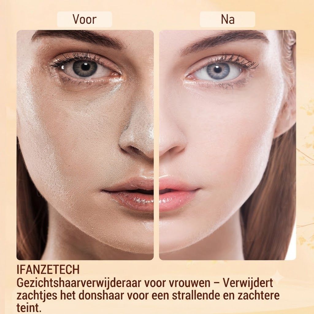 Voor-en-na vergelijking van een vrouwen gezichtshelft met fijne haartjes en gladde huid.