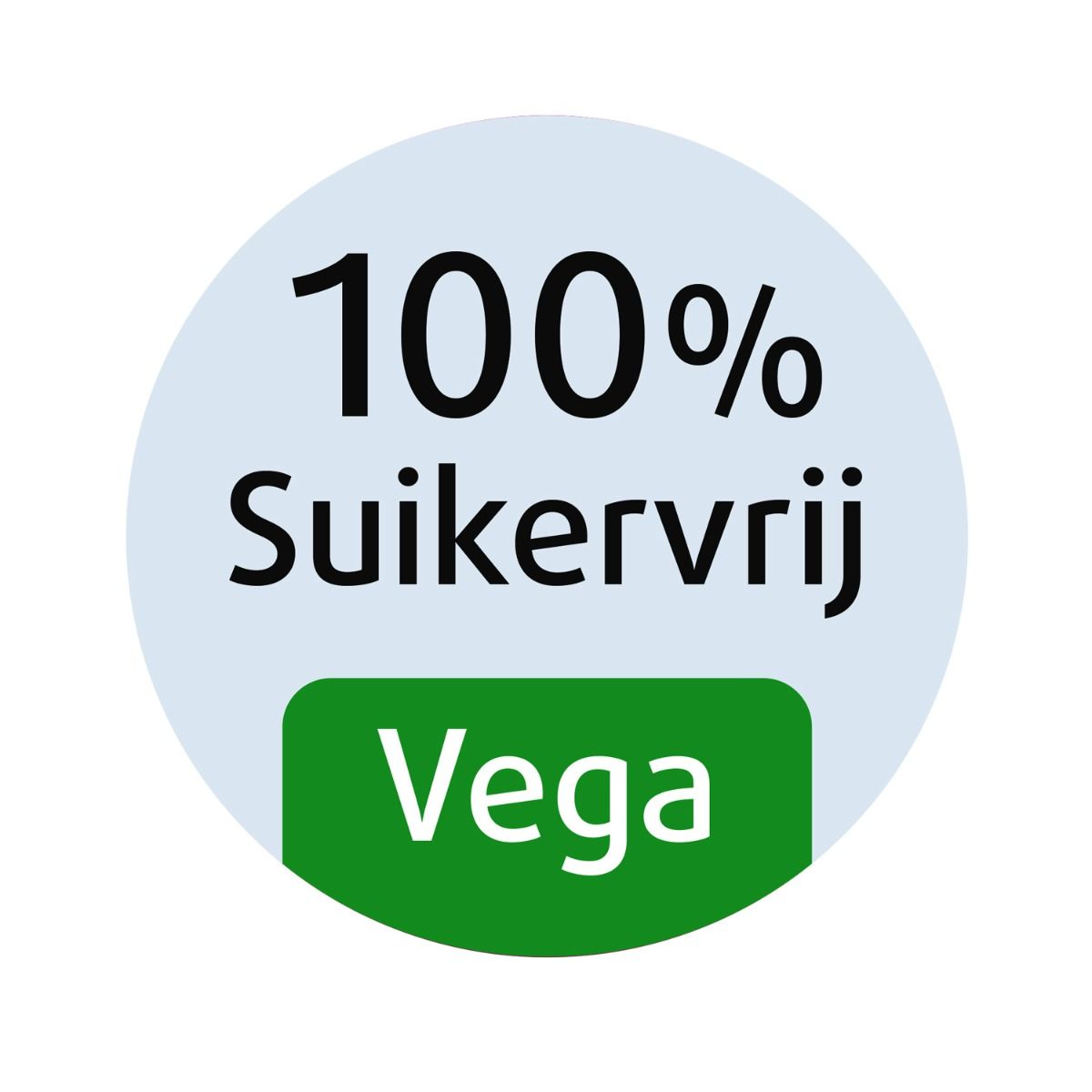 Rond label met de tekst 100% Suikervrij (suikervrij) en Vega in een groen veld.