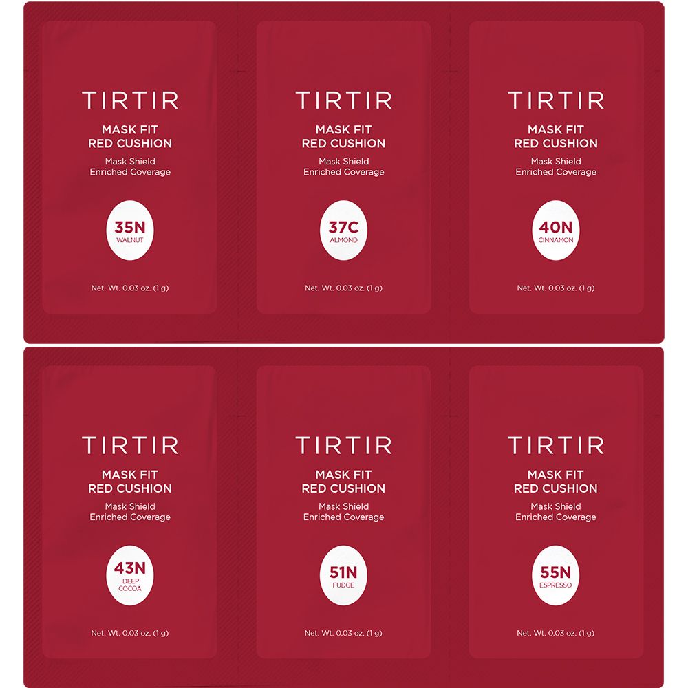 Zes rode TIRTIR Mask Fit Red Cushion samples. Kleurnummers: 35N, 37C, 40N, 43N, 51N, 55N. Enriched Coverage.