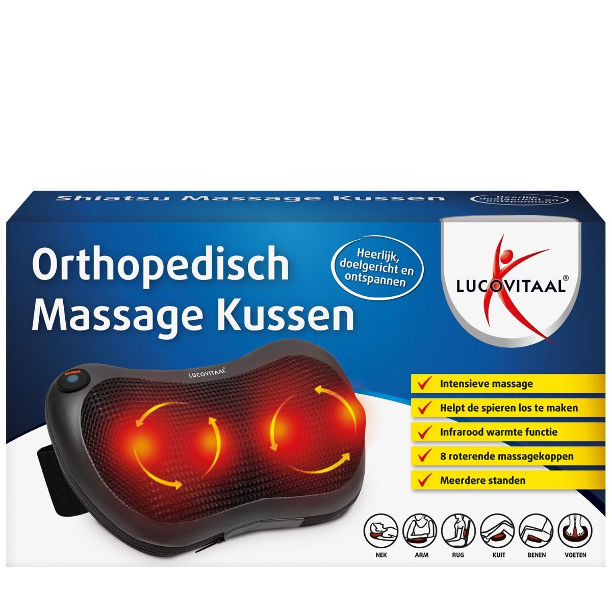 Orthopedisch massagekussen met 8 roterende massagekoppen en infrarood warmte. Merk: Lucovitaal.