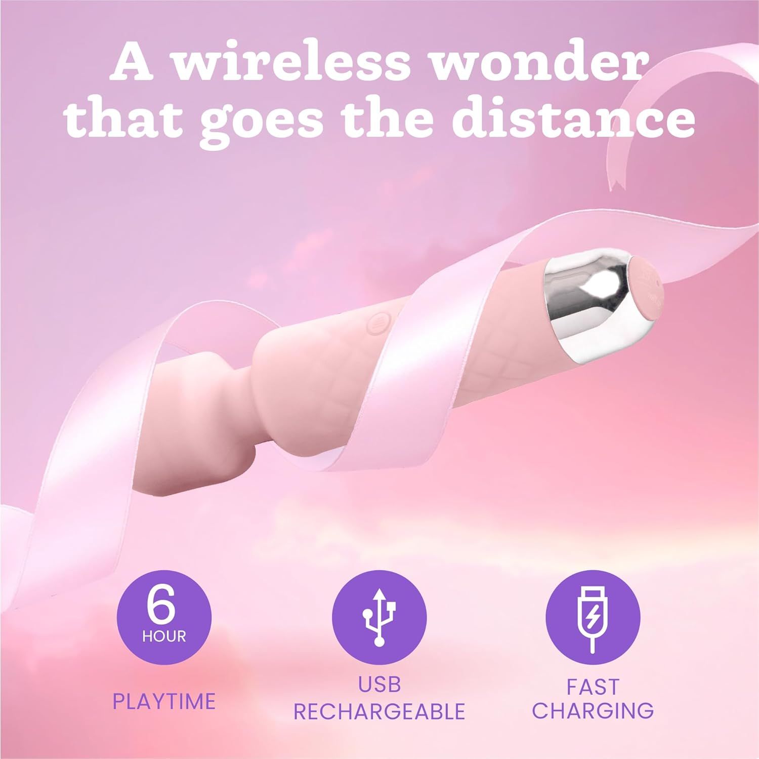 Pastelroze vibrator met roze lint. Kenmerken: 6 uur speeltijd, USB oplaadbaar, snelladen.