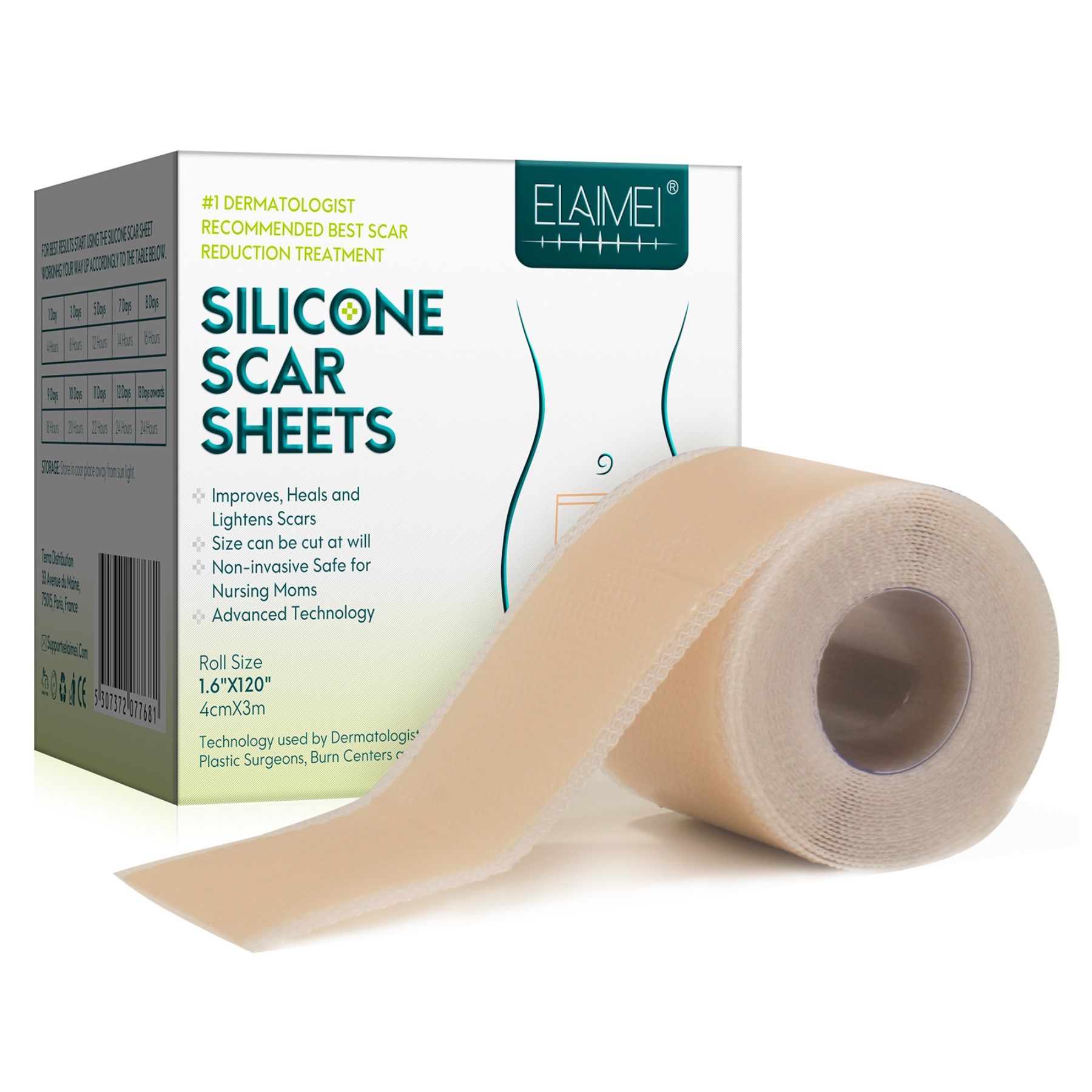 Rol siliconenpleisters, daarnaast verpakking met productinformatie. Opdruk: ELAIMEI SILICONE SCAR SHEETS.