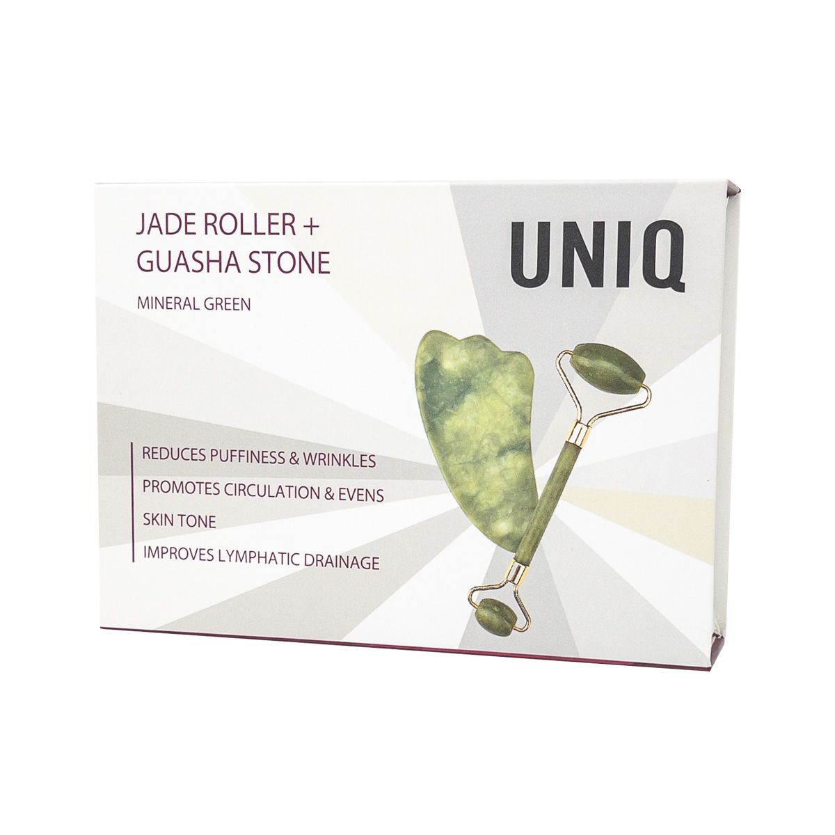 Emballage pour UNIQ Jade Roller + Guasha Stone vert minéral. Comprend une image du produit et des zones d'application.