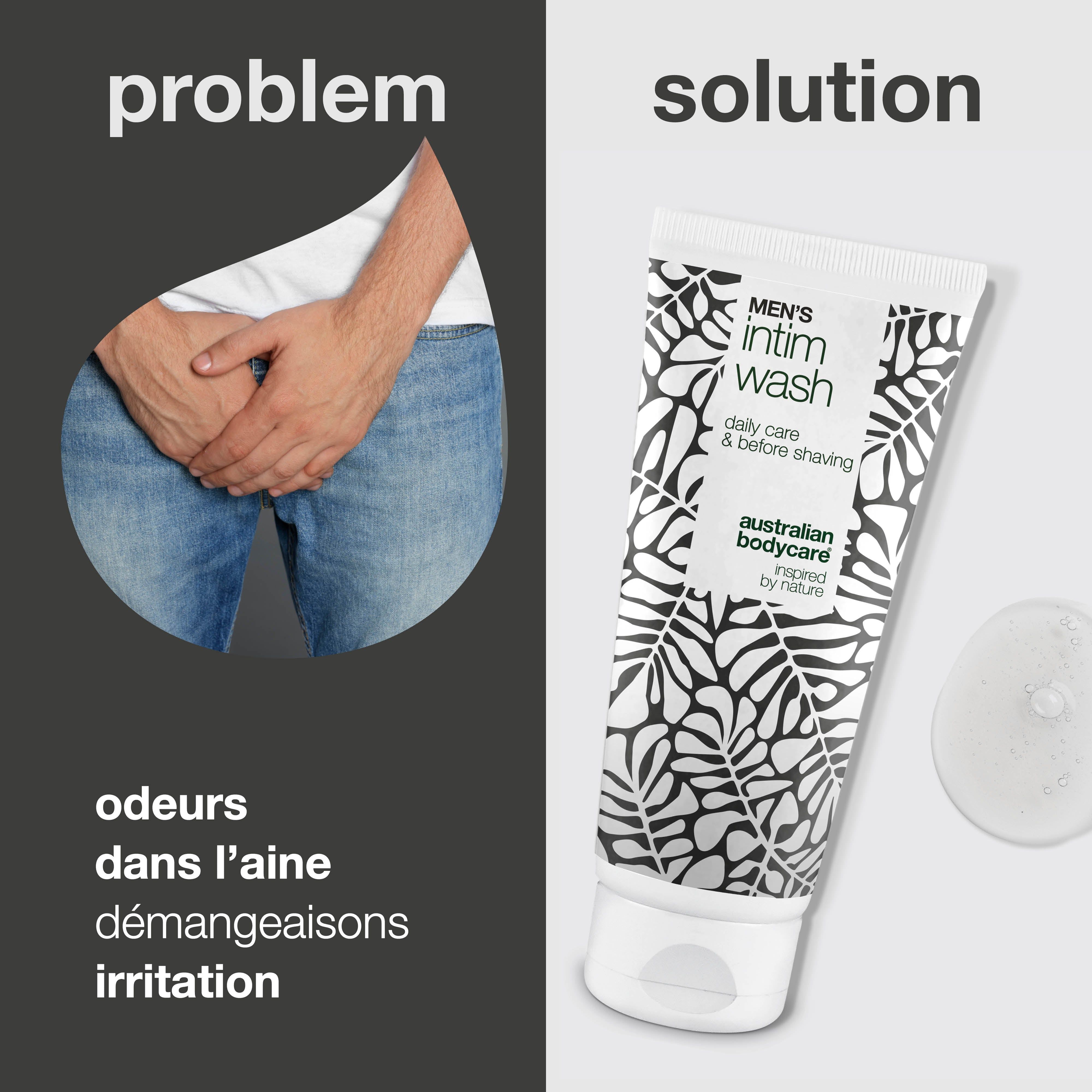 Image montre problème et solution. Gauche: homme avec mains sur zone intime. Droite: tube gel intime. Texte: Men's Intim Wash.