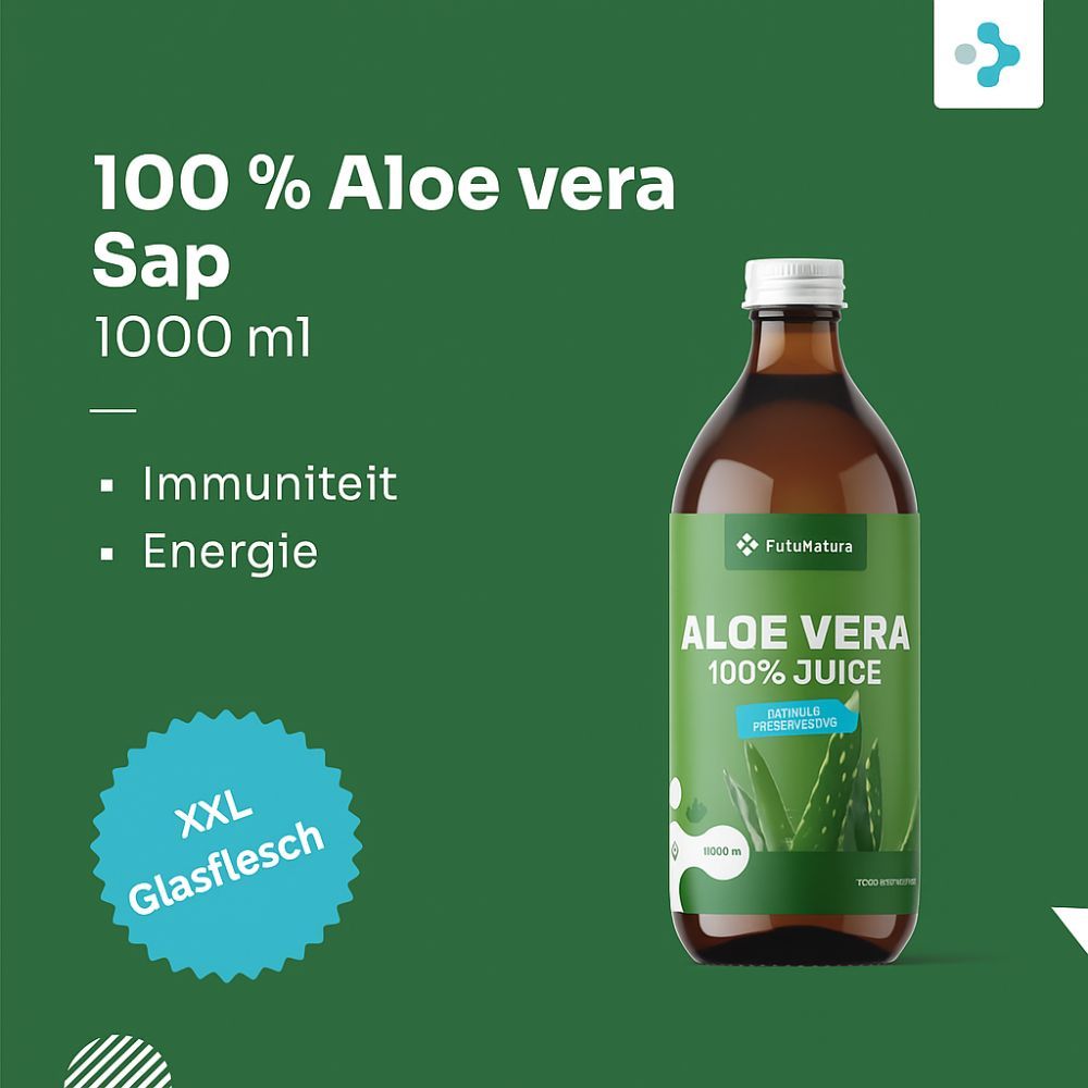 Bruine glazen fles aloë vera sap. Opschrift: 100% aloë vera sap, 1000 ml.  Plus: immuniteit, energie.