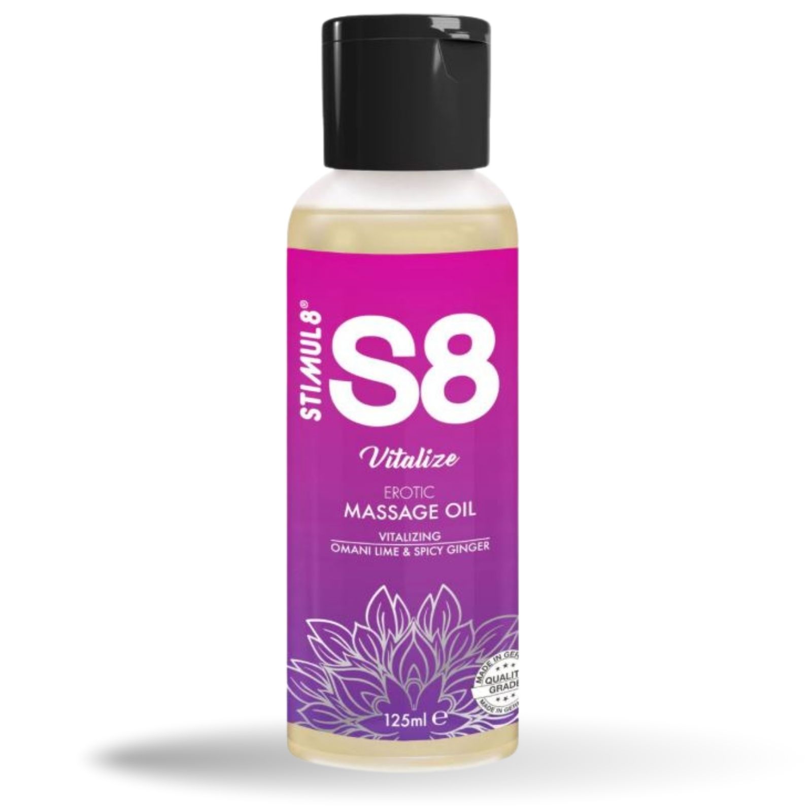 Fles S8 Vitalize Erotic Massage Oil, 125ml. Met limoen en gember aroma. Zwarte dop.