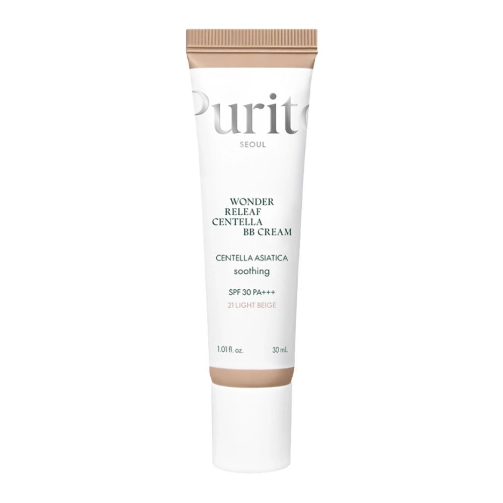 Tube de crème BB. Inscription : Wonder Releaf Centella BB Cream, #21 Light Beige, SPF 30 PA+++. Marque : Purito.