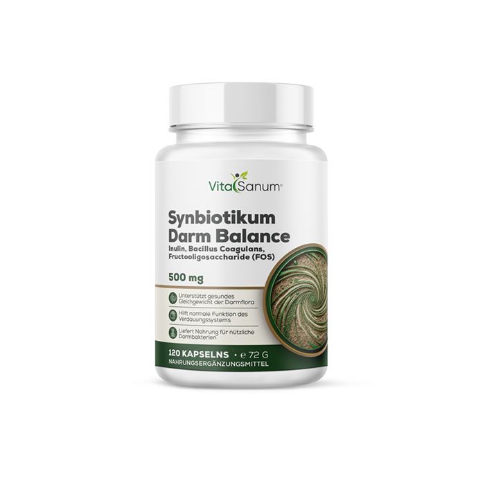 Gélules VitaSanum Synbiotikum Darm Balance, 500 mg. Flacon blanc avec étiquette affichant les informations produit et un motif en spirale.