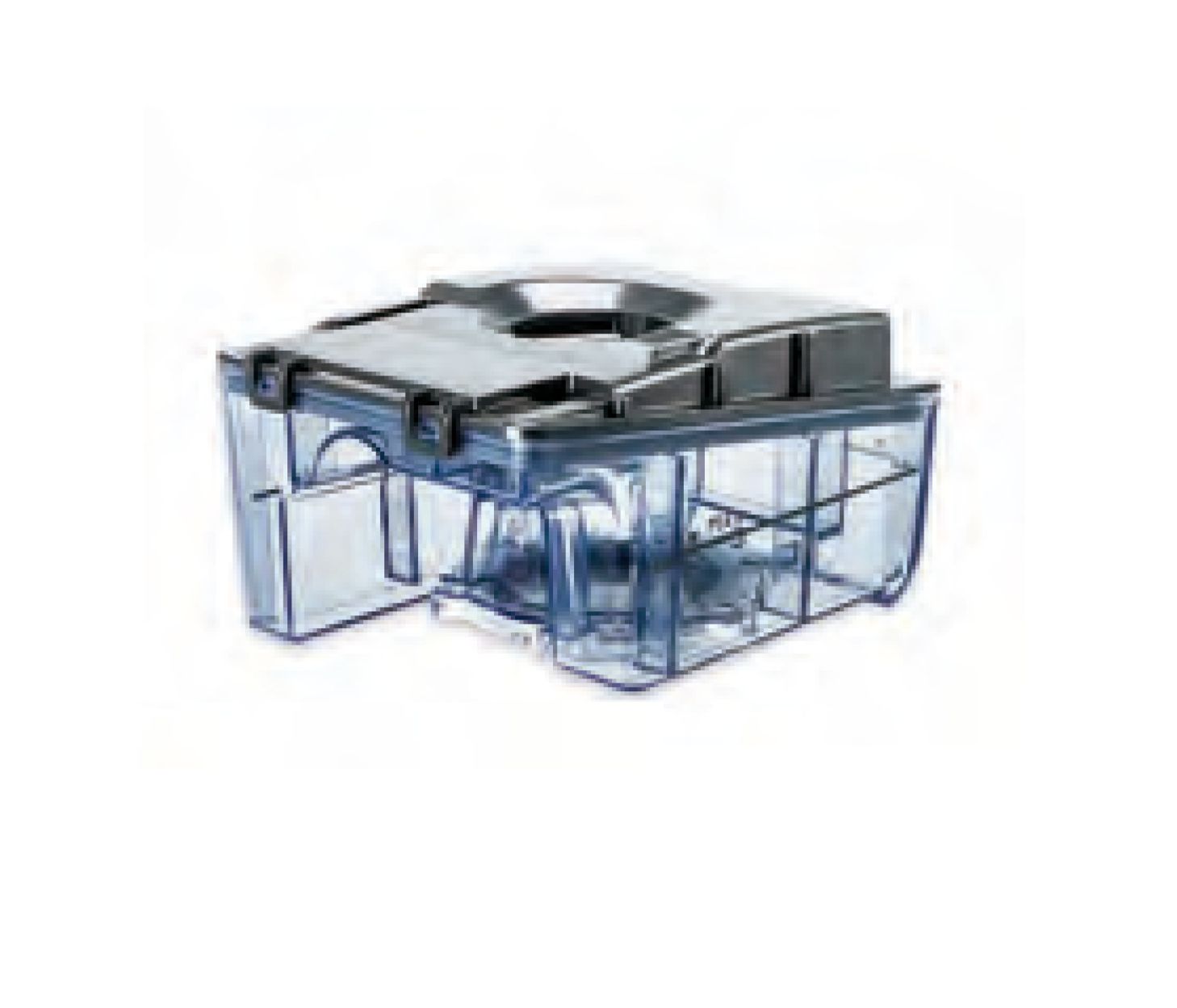 Chambre d'humidification en plastique transparent avec couvercle argenté et poignées.