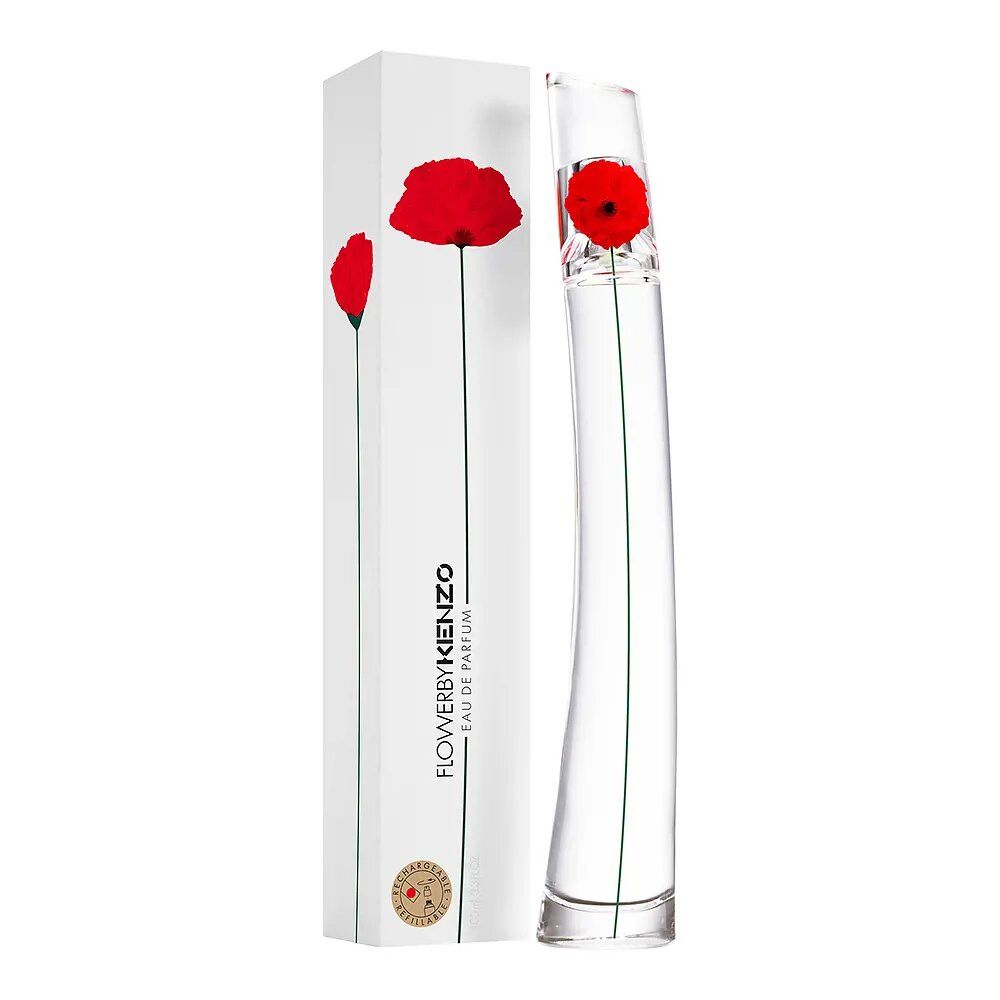 Een slanke glazen fles met een rode klaproos en een witte verpakking met klaproosmotief.