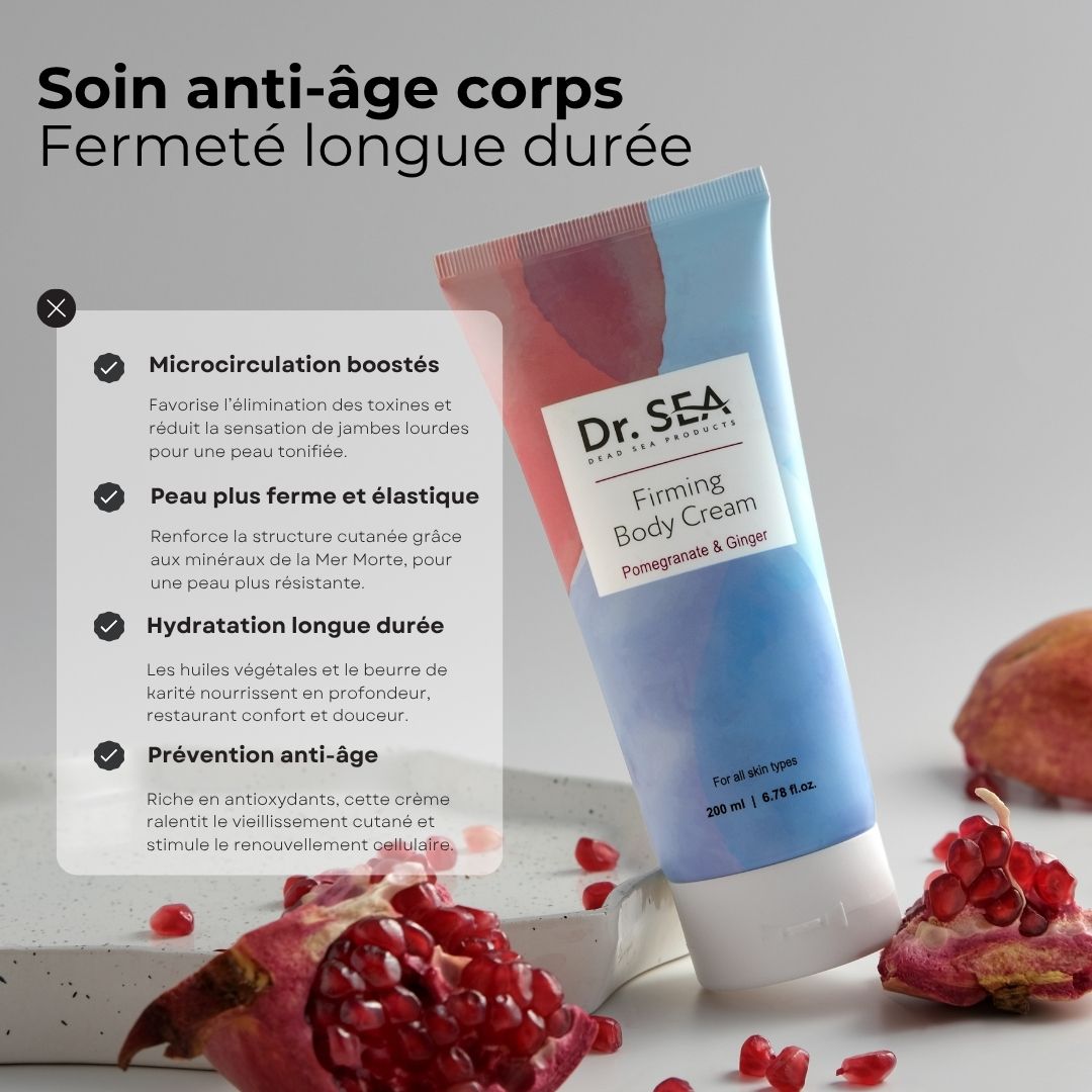 Tube de crème pour le corps avec texte et grenade. Texte : Dr. SEA, Firming Body Cream, Grenade & Gingembre. Avantages.