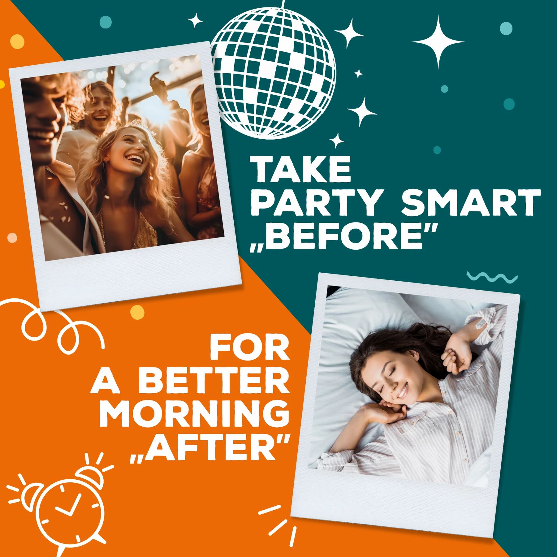 Image promotionnelle avec photos de personnes s'amusant. Contient une gélule et le texte 'Take Party Smart Before'.