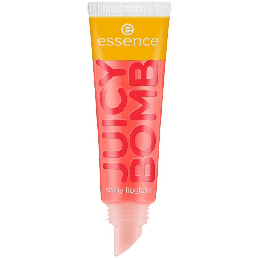 Gloss à lèvres brillant Juicy Bomb essence. Tube avec texte rouge sur fond jaune. Tube transparent avec contenu rose.