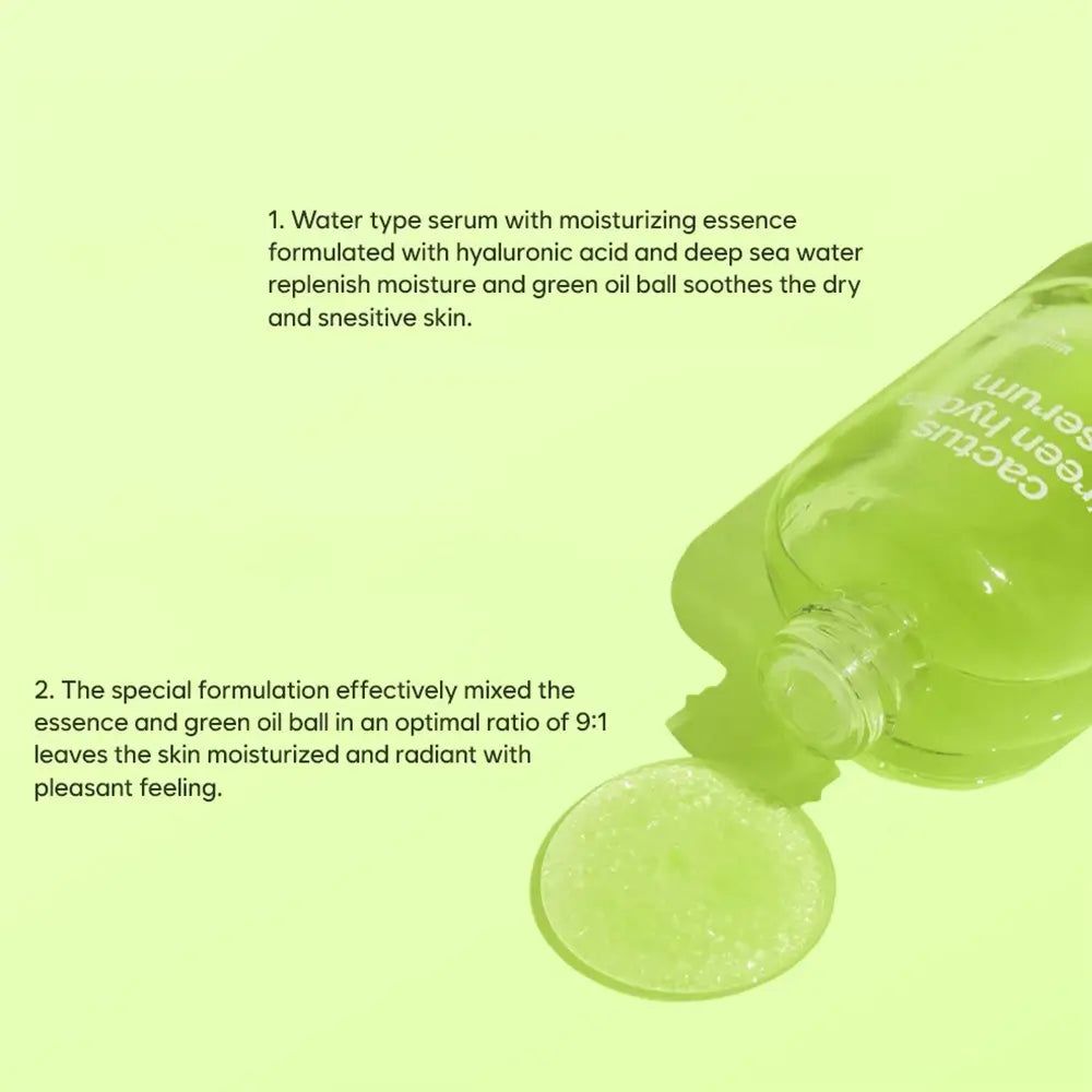 Productbeschrijving met tekst. Bevat groene bolletjes en vloeistof. Opschrift: YADAH Kaktus Green Hydra Serum.