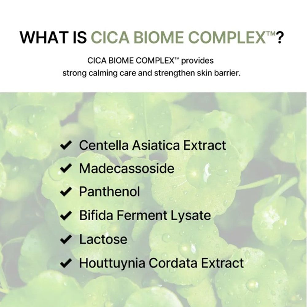 Cica Biome Complex ingrediënten: Centella Asiatica, Madecassoside, Panthenol, Bifida Ferment Lysate.