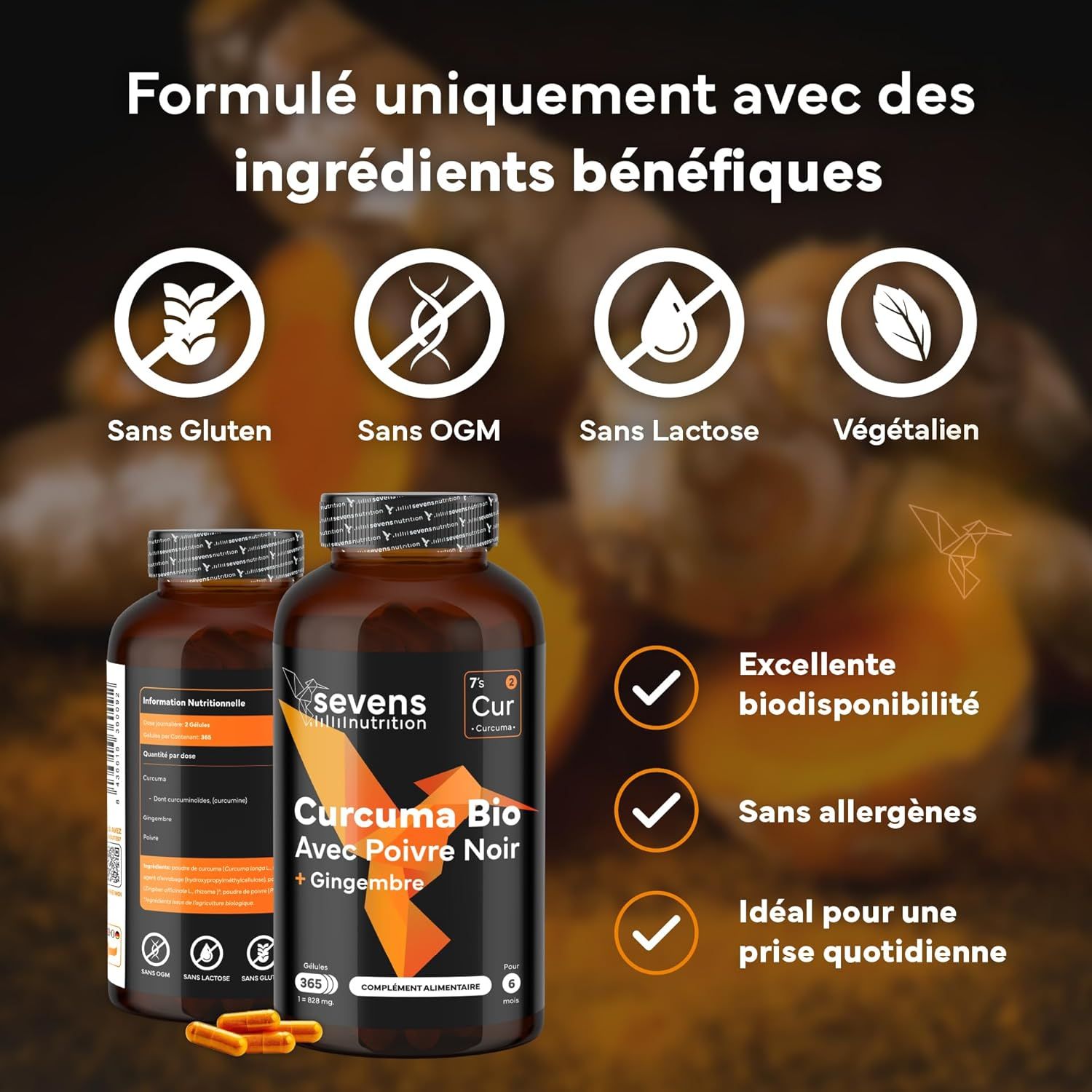 Deux flacons de Curcuma Bio au poivre noir et gingembre. Sans gluten, sans OGM, sans lactose. Végétalien.