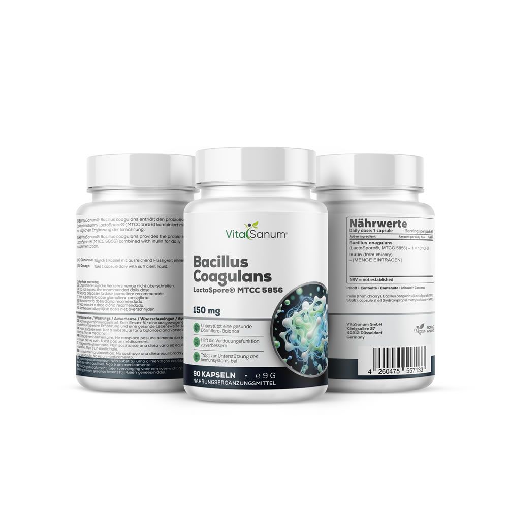 Drie containers VitaSanum® Bacillus Coagulans LactoSpore® Capsules. Voorste container toont etiket met bacteriële kweek.