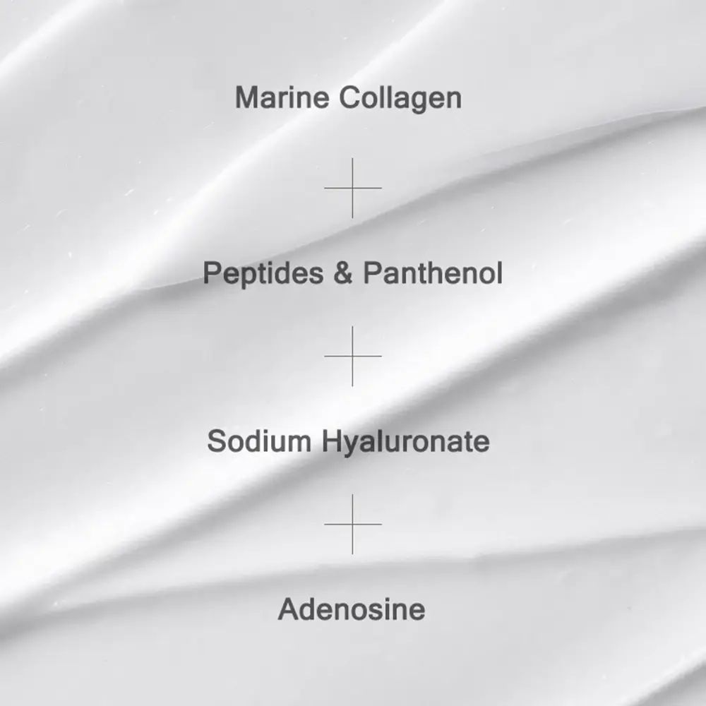 Texte : Collagène marin, Peptides & Panthénol, Hyaluronate de sodium, Adénosine. Sur fond de crème.