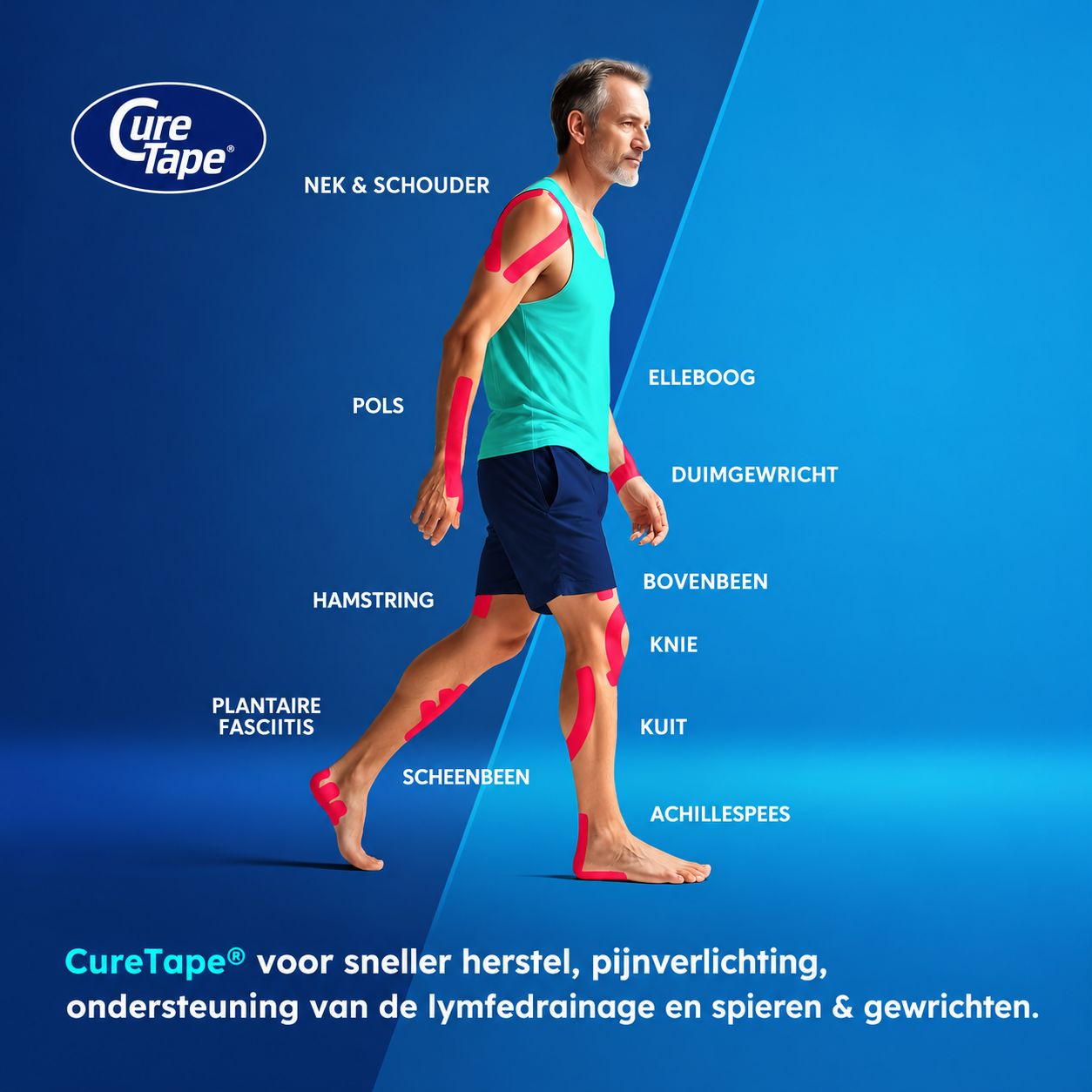 Kinesiotape met roze-zwart luipaardprint aangebracht op nek en bovenrug van een persoon.