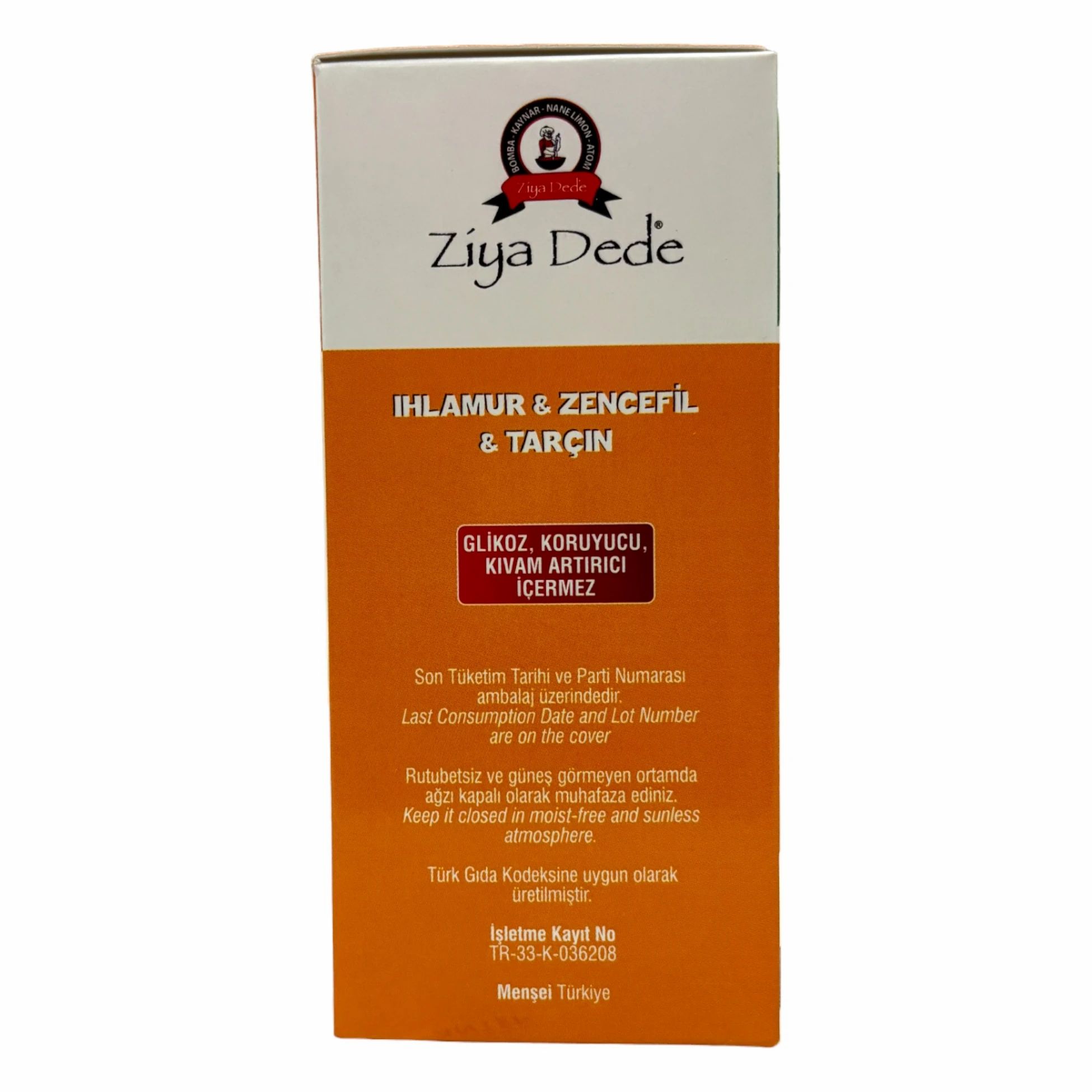Zijaanzicht van de theeverpakking van Öz Natur. Tekst met productinformatie en waarschuwingen. Oranje achtergrond.