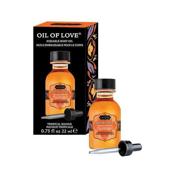 Tropische mango lichaamsolie in fles en verpakking. Zwarte dop en pipet. Opschrift: Oil of Love.