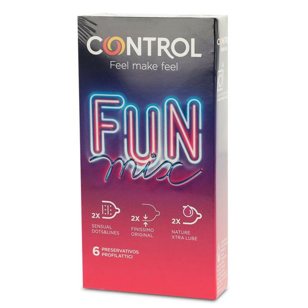 Boîte de préservatifs Control Fun Mix, 6 unités. Contient 2x Sensual Dots&Lines, 2x Finissimo Original, 2x Nature Xtra Lube.