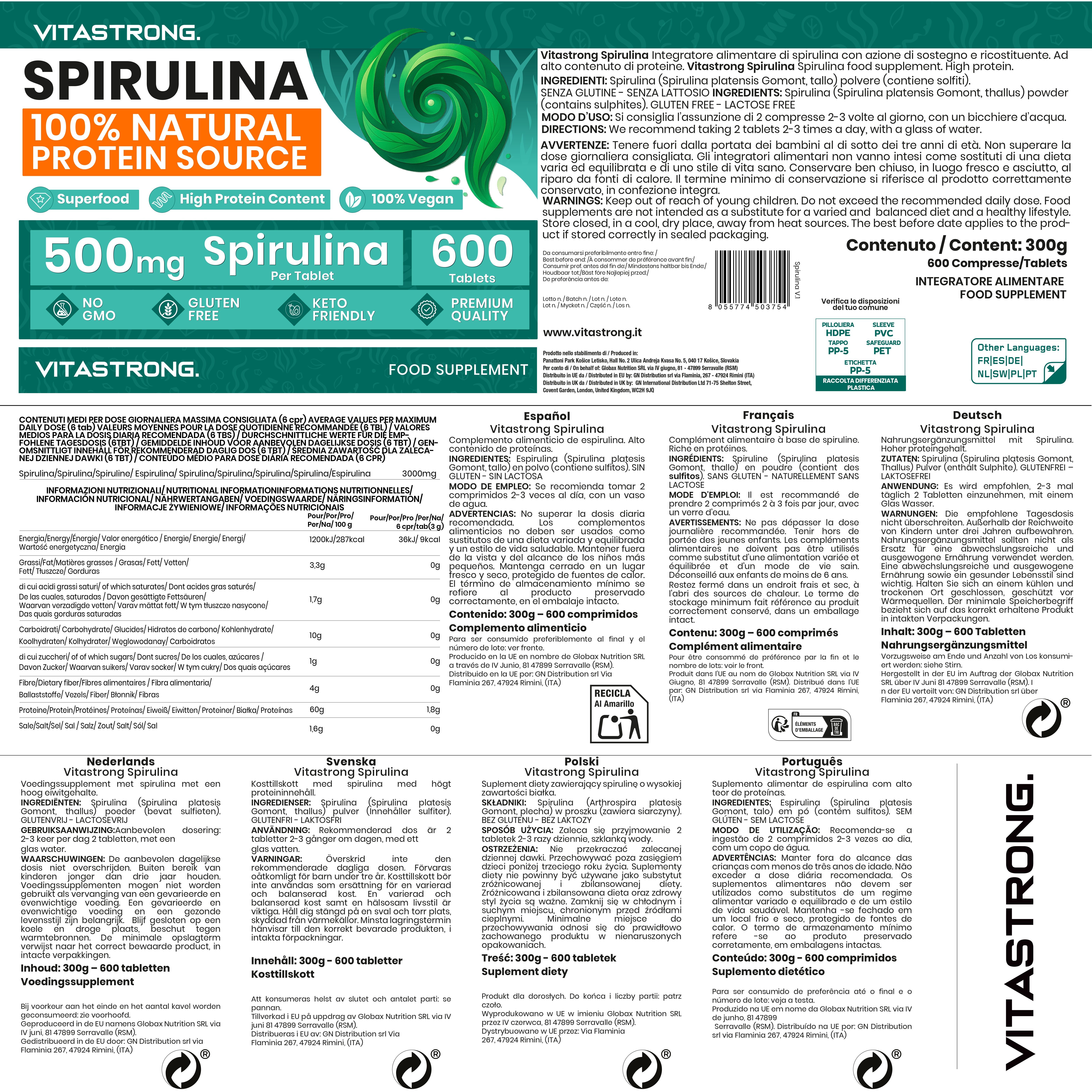 Dos de l'emballage Vitastrong Spiruline. Informations sur les ingrédients, la valeur nutritionnelle et l'utilisation.