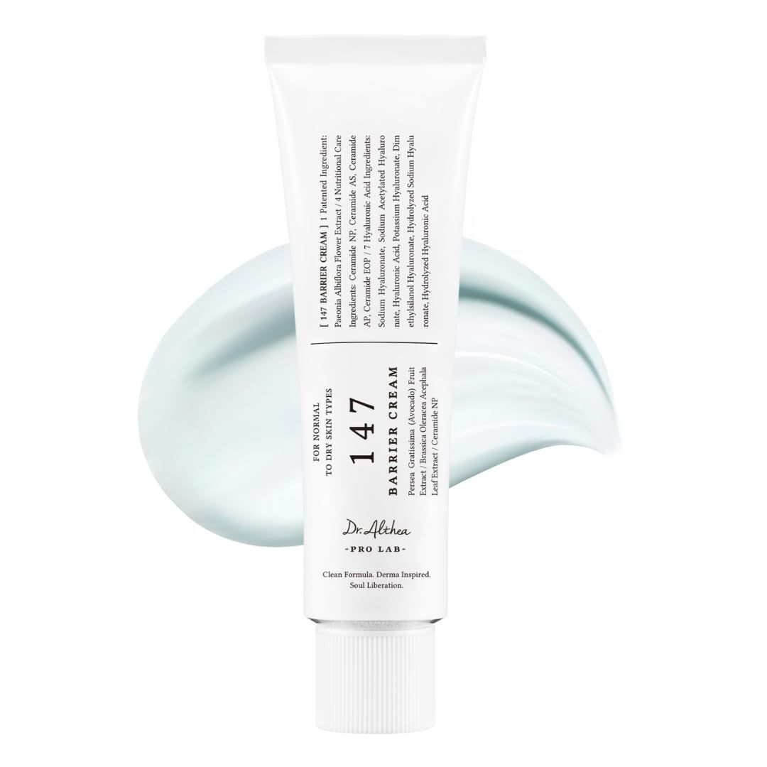 Tube blanche de crème, avec un trait de produit. Inscription: 147 Barrier Cream, Dr. Althea. Pour peaux sèches.