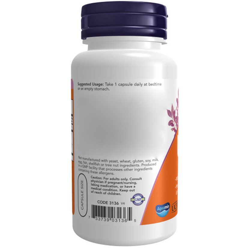 Flacon blanc, bouchon violet. Étiquette orange avec informations produit. Texte : "Suggested Usage". Code 3136 v4.