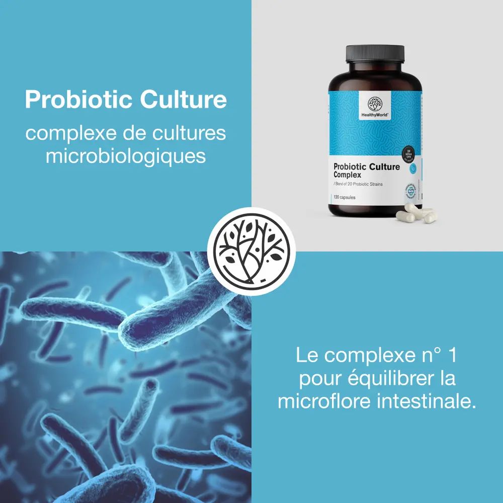 Design bleu avec bactéries. Flacon Probiotic Culture Complex. Texte : complexe de cultures microbiologiques.