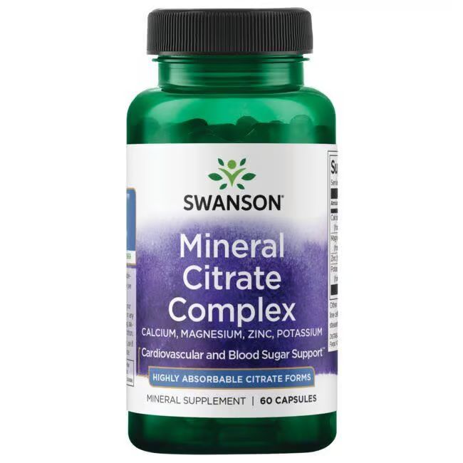Flacon vert avec bouchon noir. Étiquette avec nom du produit: Mineral Citrate Complex. Marque: SWANSON. 60 gélules.