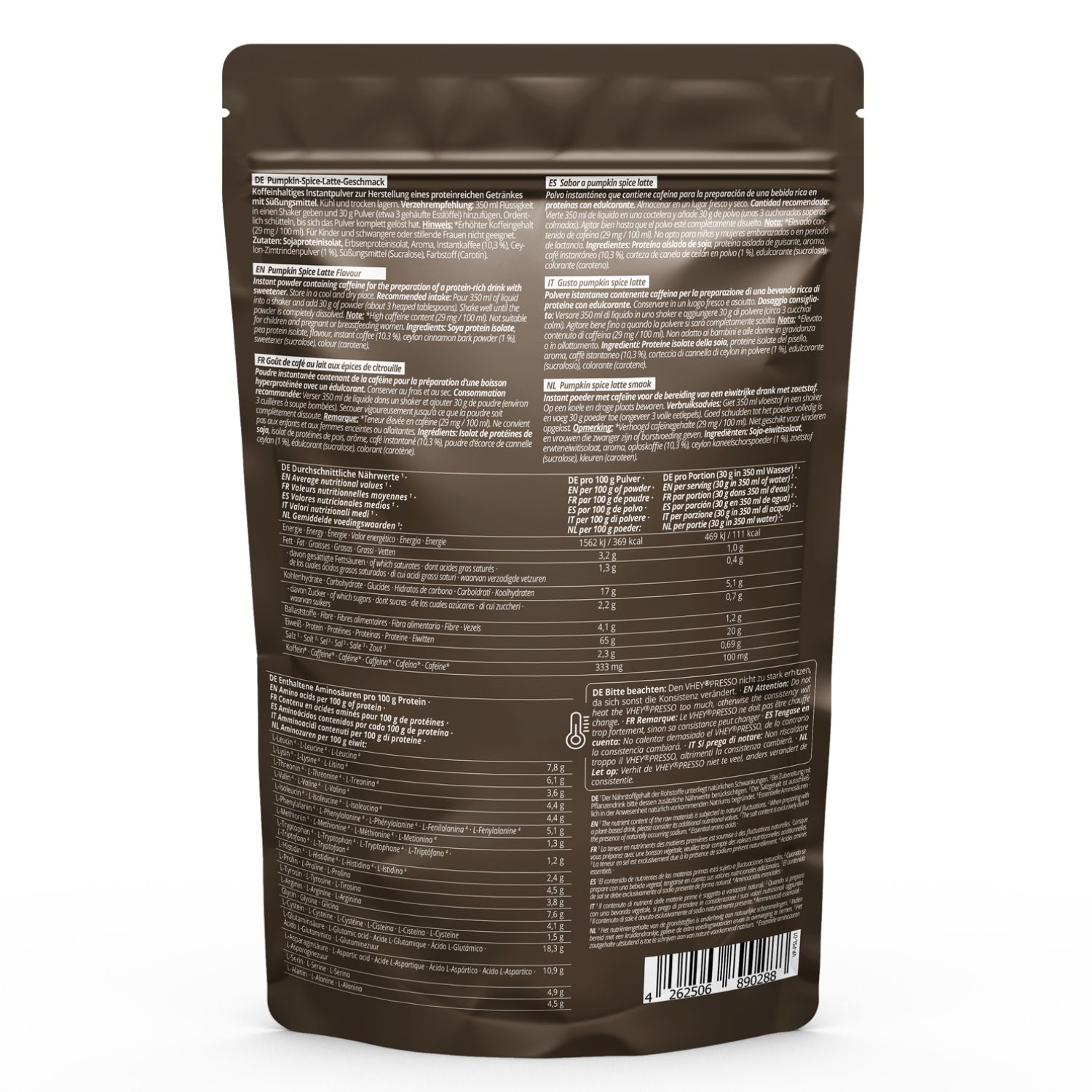 Achterkant van de VHEY®PRESSO verpakking. Tekst: voedingswaarde, ingrediënten, bereidingsinstructies, allergeneninformatie, fabrikantinformatie.